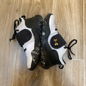 Under Armour Kids' Black, White, and Gold Sneakers - worn once